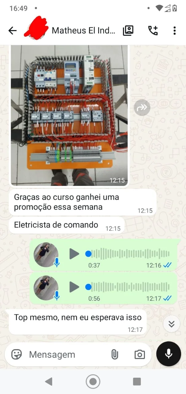 Print da conversa de WhatsApp de Matheus contando que foi promovido a Eletricista de Comando após o curso de Elétrica Industrial da FUTURA